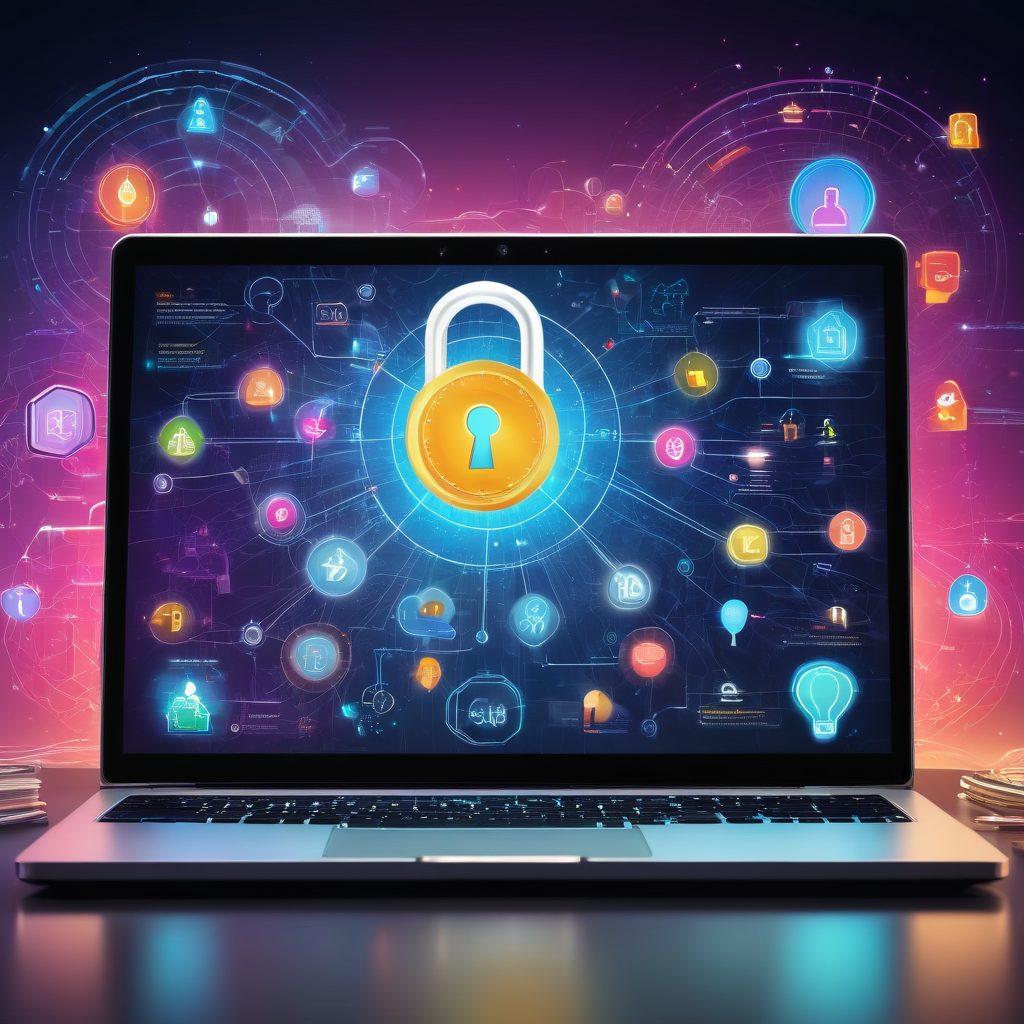 An open laptop displaying colorful web analytics graphs and charts, surrounded by symbolic icons like a key unlocking a digital padlock, flowing data streams, and lightbulbs representing insights. The background features a futuristic, digital landscape with glowing connections symbolizing online presence. sleek, modern design. vibrant colors. super-realistic.