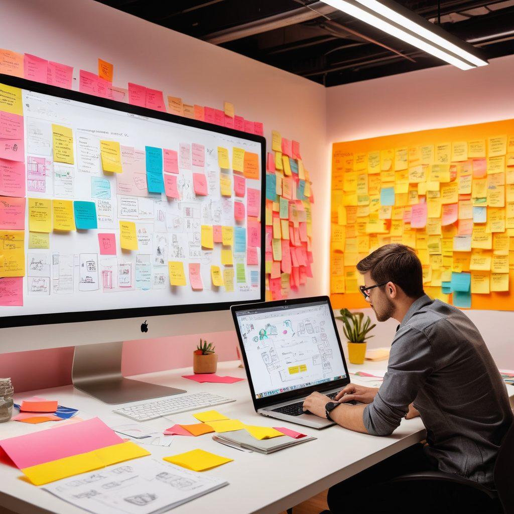 A serene workspace with a designer brainstorming innovative website layouts on a large screen, surrounded by colorful sticky notes and sketches. In the background, a diverse group of people partake in collaborative discussions, representing effective user experience. Soft lighting and inspiring quotes on the walls enhance creativity. modern design elements. vibrant colors. 3D.