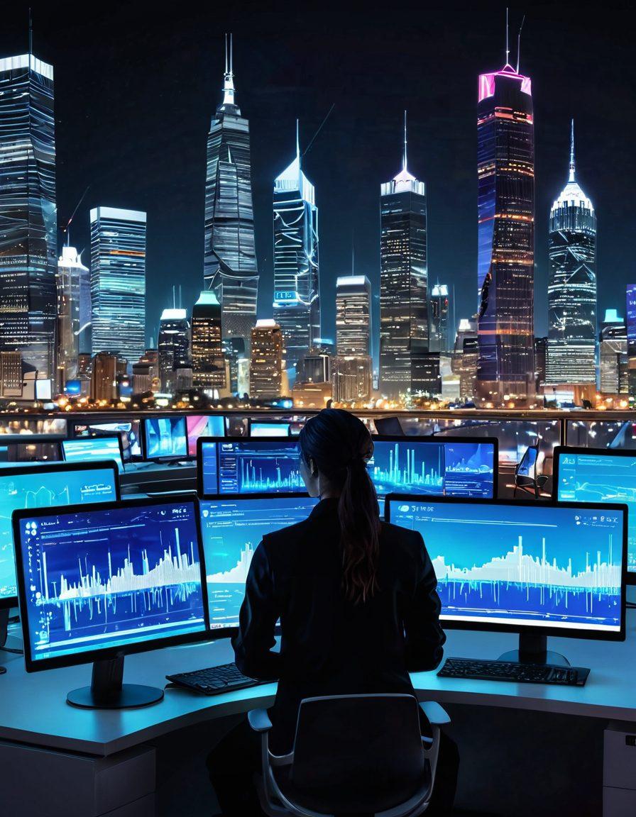 A futuristic digital landscape showcasing a diverse team of bloggers analyzing data on sleek screens filled with graphs and metrics. In the background, a vibrant city skyline integrates technology, symbolizing a blend of creativity and analytics. Spirals of data flow around them, emphasizing the concept of revolutionizing digital strategy. The scene conveys collaboration, innovation, and the power of web analytics in blogging. cyberpunk. vibrant colors. 3D.
